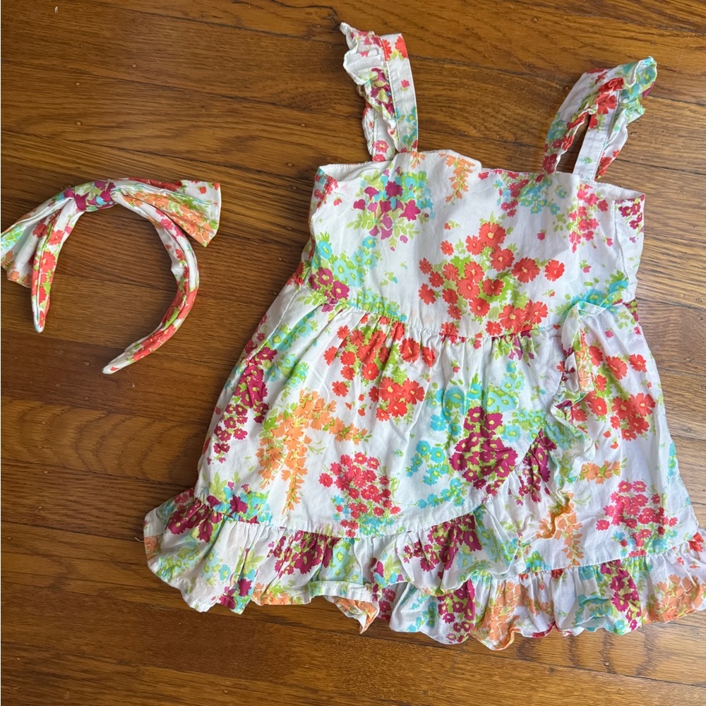 Janie and Jack Floral Ruffle Dress with Matching Headband Size 18-24 M